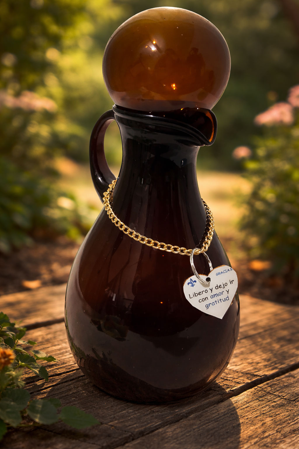 JARRA DE VIDRIO AMBAR CON TAPA